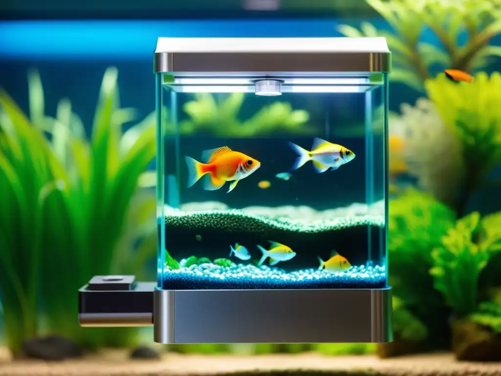 Dispensador automático para alimentación acuática en acuario, con diseño moderno y detallado, rodeado de peces tropicales vibrantes