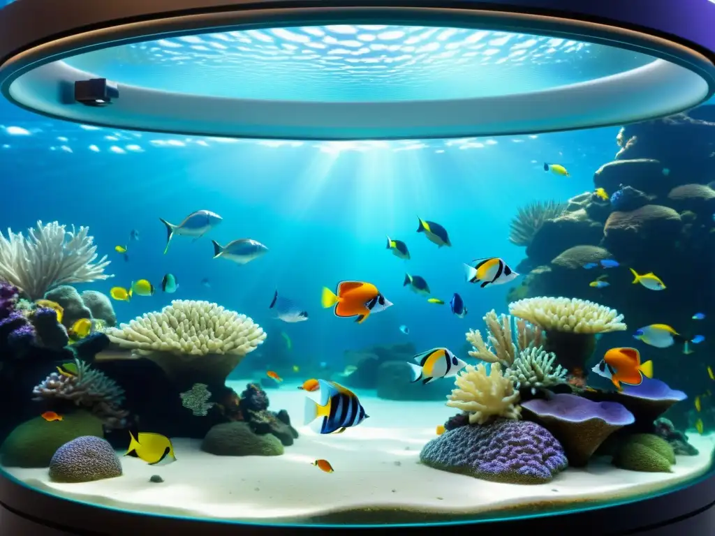 Un dispensador automático para alimentación acuática integrado en un acuario de arrecife de coral vibrante, rodeado de peces tropicales coloridos