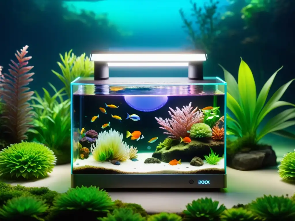 Un dispositivo de monitoreo de calidad del agua en un acuario, rodeado de plantas y peces coloridos