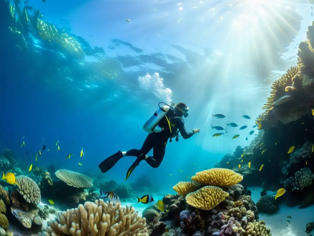 Diver explorando un arrecife de coral, rodeado de vida marina colorida