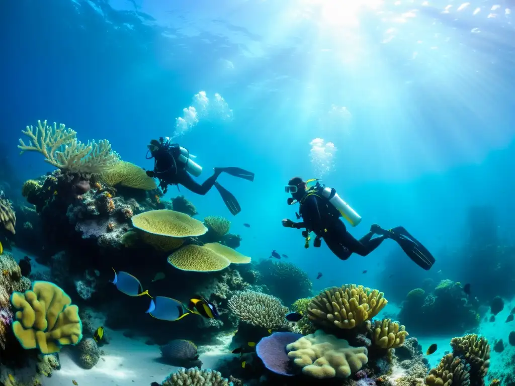 Divers explorando arrecife de coral con máscaras de buceo con prescripción, rodeados de vida marina colorida y asombrados por la belleza submarina