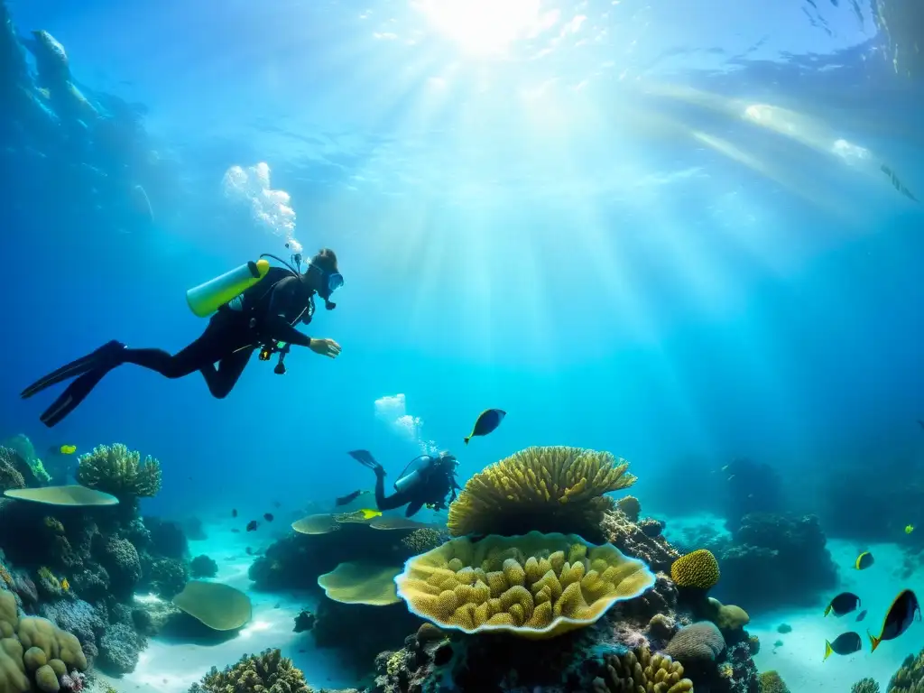 Divers explorando vida marina con certificación Rescue Diver en arrecife de coral vibrante y peces coloridos