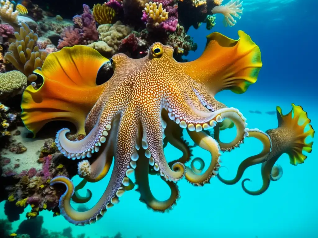 Diversidad de cefalópodos marinos en un arrecife de coral vibrante, con patrones hipnóticos de luz en el fondo marino