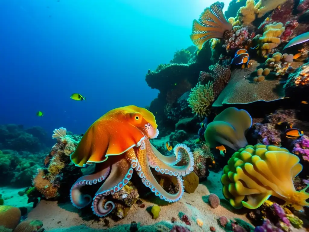 Diversidad de cefalópodos marinos en escena submarina vibrante con cuttlefish iridiscentes, octopus grácil y cardumen de calamares