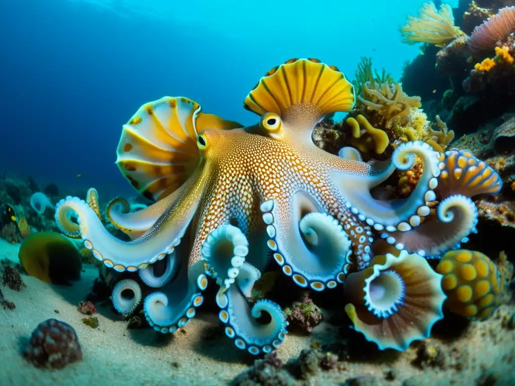 Diversidad de cefalópodos marinos en un vibrante y detallado paisaje bajo el agua, mostrando su belleza y formas únicas en tonos azules hipnóticos