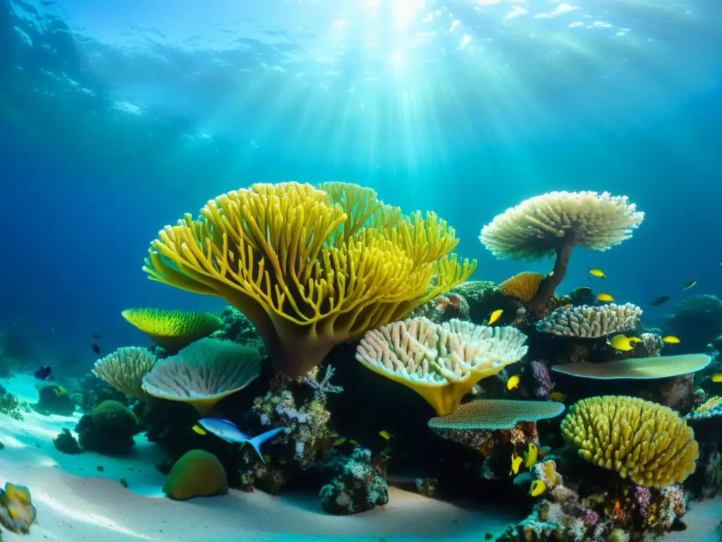 Diversidad marina y sostenibilidad: Fotografía detallada de un vibrante arrecife de coral, con peces coloridos, plantas marinas y formaciones de coral