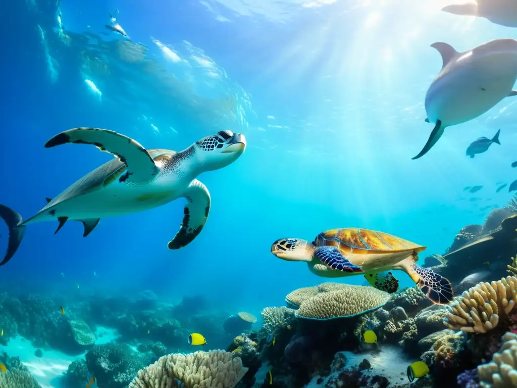 Conserve la diversidad de hábitats marinos en realidad virtual: un arrecife de coral vibrante lleno de vida marina, con tortuga y delfines juguetones