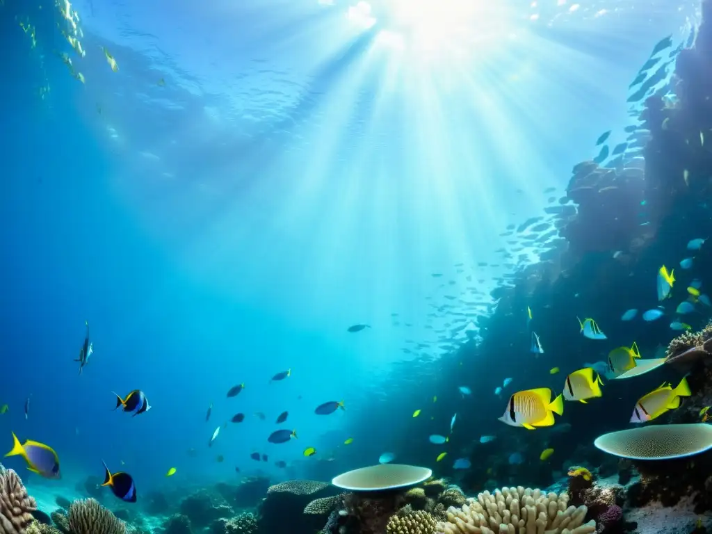 Diversidad de peces arrecife y coloridos corales bajo el agua cristalina