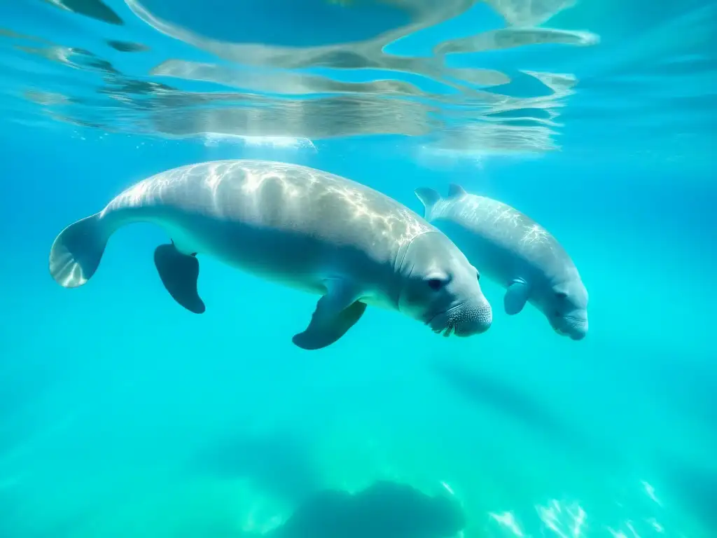 Diversidad de sirenios marinos: Manatíes nadando grácilmente en aguas turquesas, iluminados por el sol, mostrando su belleza única