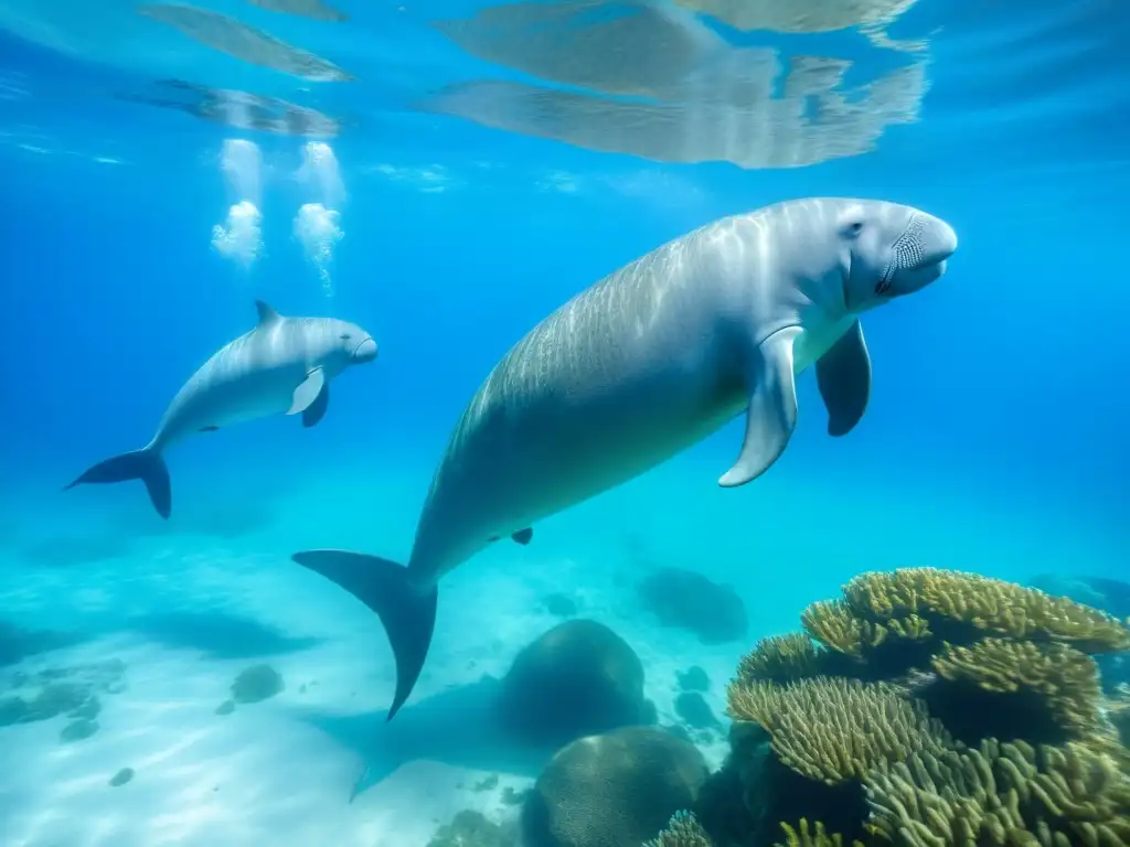 Diversidad de sirenios marinos: Tres especies nadando graciosamente en aguas cristalinas bajo la suave luz del sol