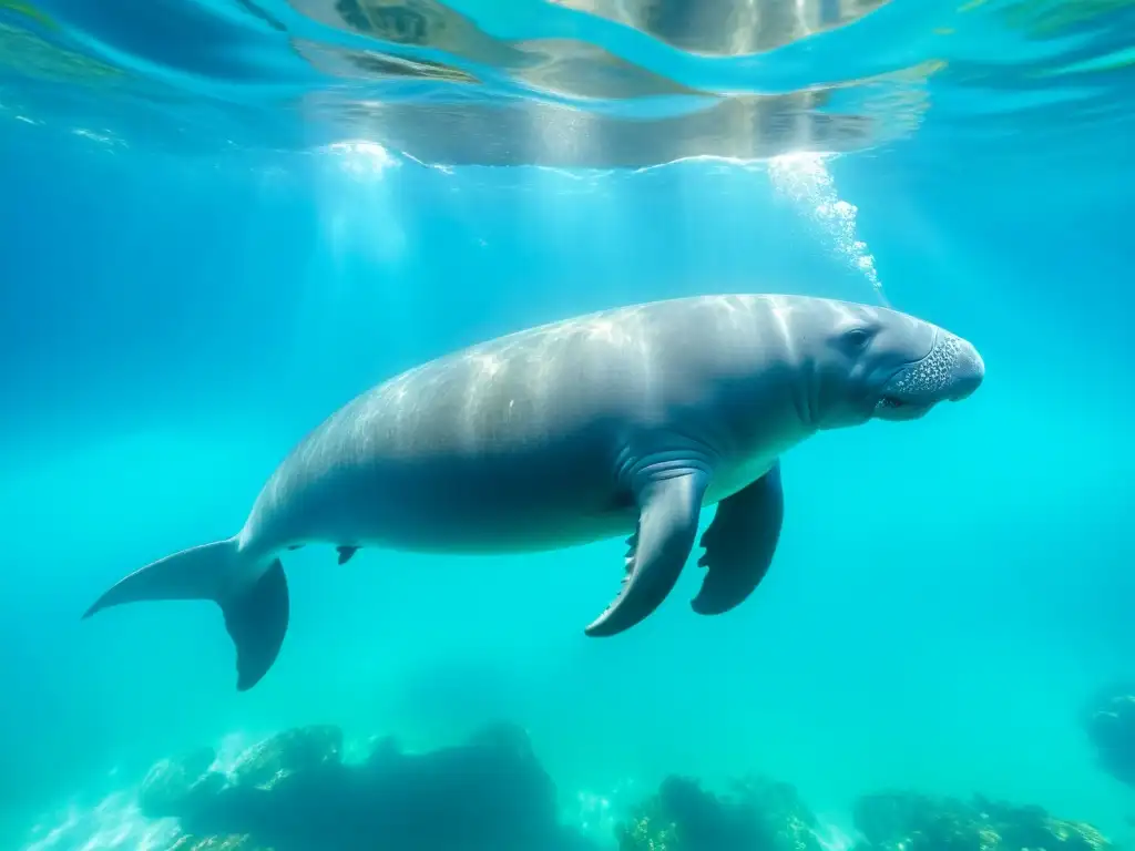 Diversidad de sirenios marinos: Familia de manatíes en aguas turquesas, luz filtrada y flora marina vibrante crean un escenario sereno y cautivador