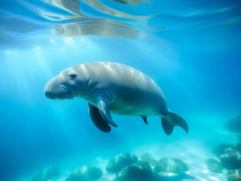 Diversidad de sirenios marinos: Imagen subacuática con manatíes nadando graciosamente en aguas cristalinas, transmitiendo serenidad y belleza