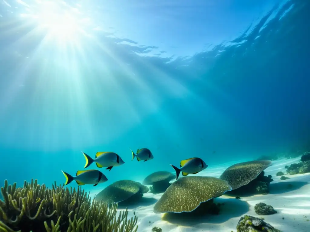 Diversidad de sirenios marinos pacíficamente pastando en una pradera marina, con la luz solar filtrándose a través del agua, iluminando sus formas elegantes y creando un juego hipnotizante de luces y sombras en el fondo del océano