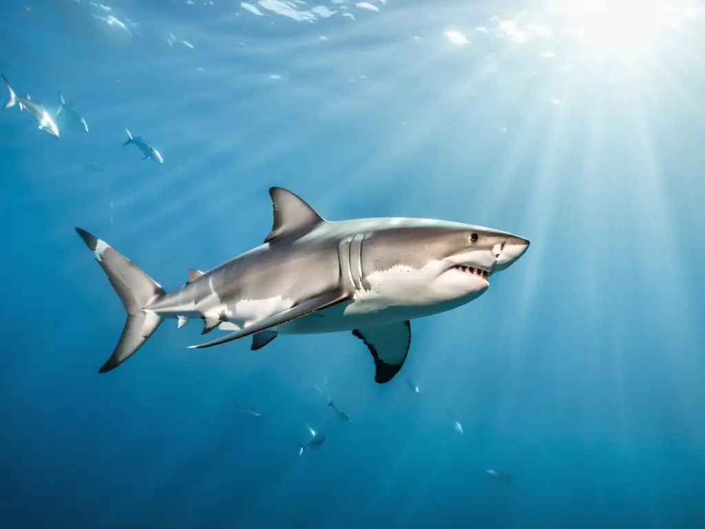 Diversidad de tiburones en océanos: Imagen detallada de un gran tiburón blanco en aguas cristalinas, rodeado de peces, bajo la luz del sol filtrada