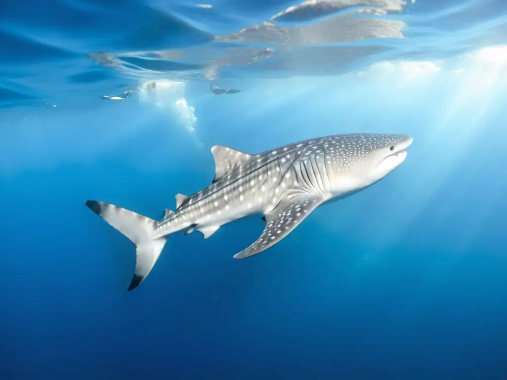 Diversidad de tiburones en océanos: majestuoso tiburón ballena surcando aguas azules con rayos de sol filtrándose desde la superficie