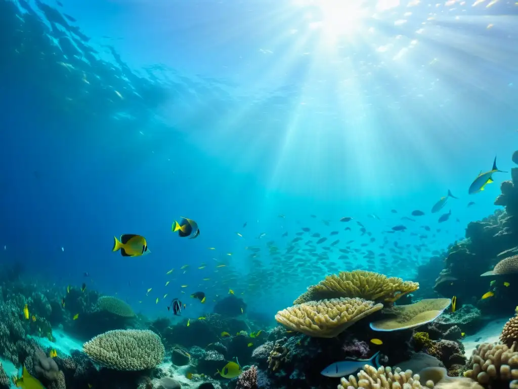 Un documental submarino impacto visual: un arrecife de coral vibrante, peces coloridos y vida marina en un paisaje submarino sereno y cautivador