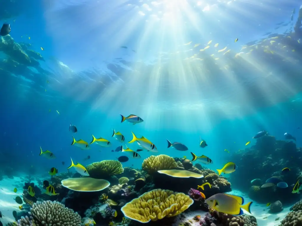 Documentales submarinos vida marina: Un arrecife de coral vibrante, lleno de peces coloridos, bañado por la luz del sol