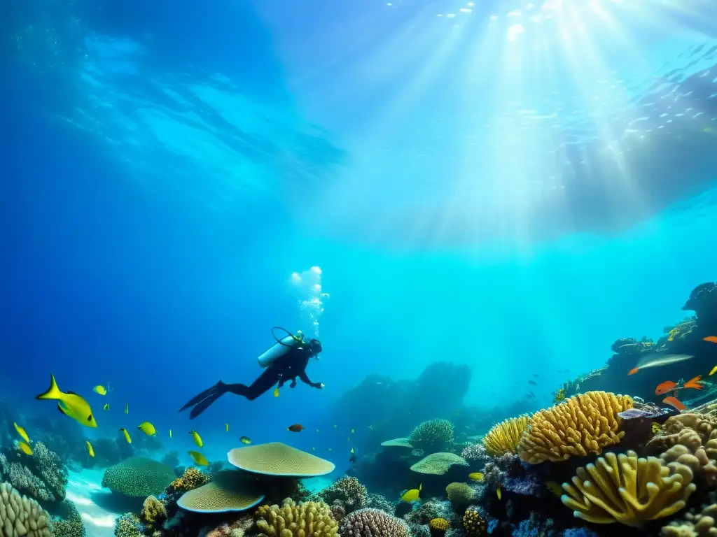 Documentales submarinos impacto visual: Vibrante arrecife de coral lleno de vida marina y peces coloridos en aguas cristalinas