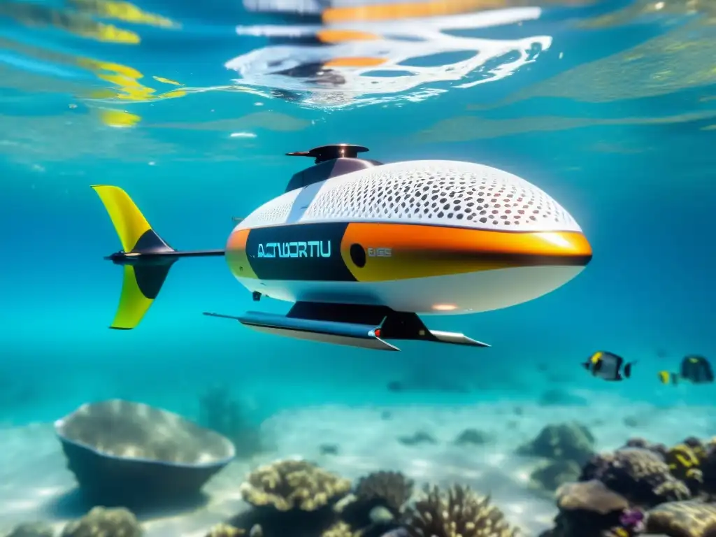 Un dron acuático autónomo y futurista surca aguas cristalinas, rodeado de peces tropicales