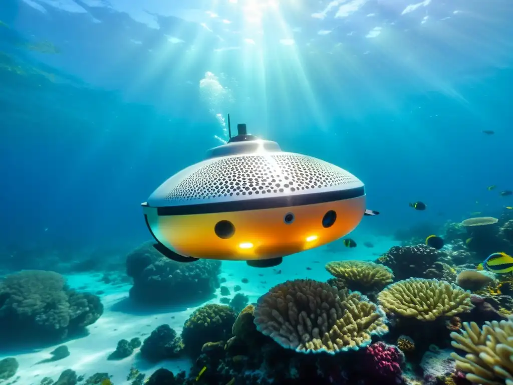 Un dron acuático metálico surcando un arrecife de coral vibrante, capturando la belleza submarina