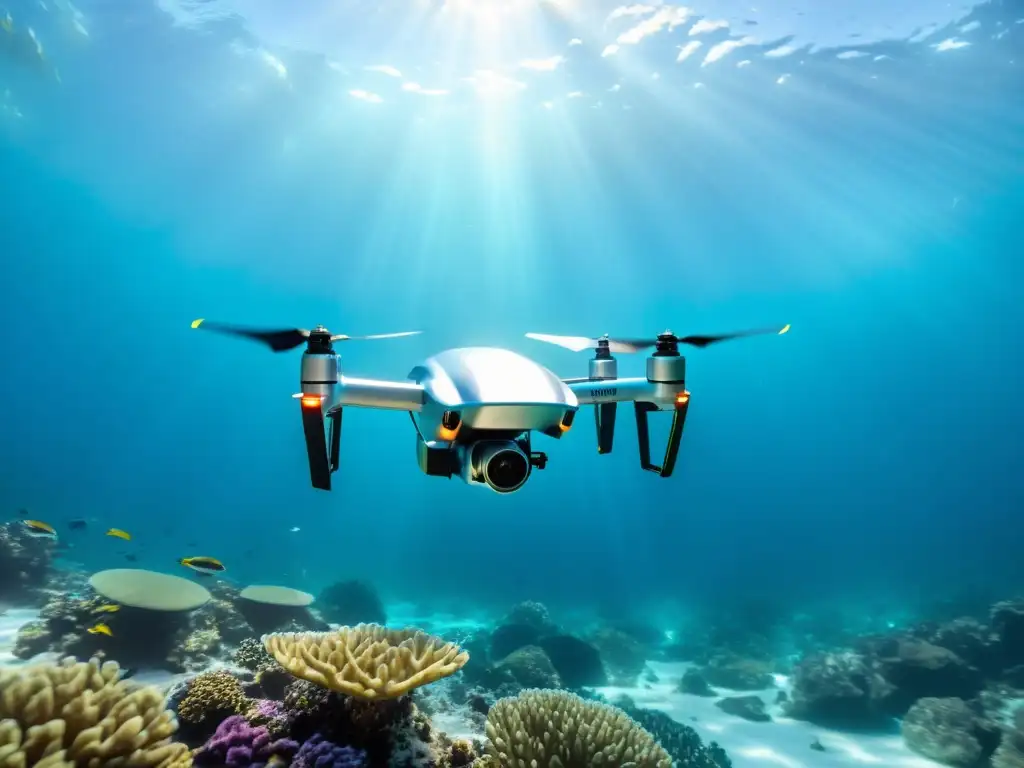 Dron acuático plateado con tecnología IA, surcando aguas cristalinas, capturando datos y fusionando tecnología y naturaleza en la investigación marina