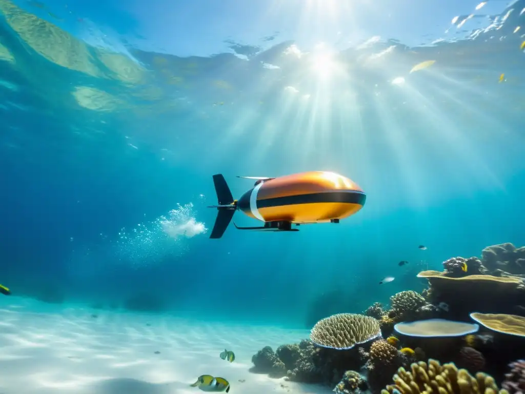 Un dron acuático moderno explora el vibrante arrecife de coral en aguas cristalinas