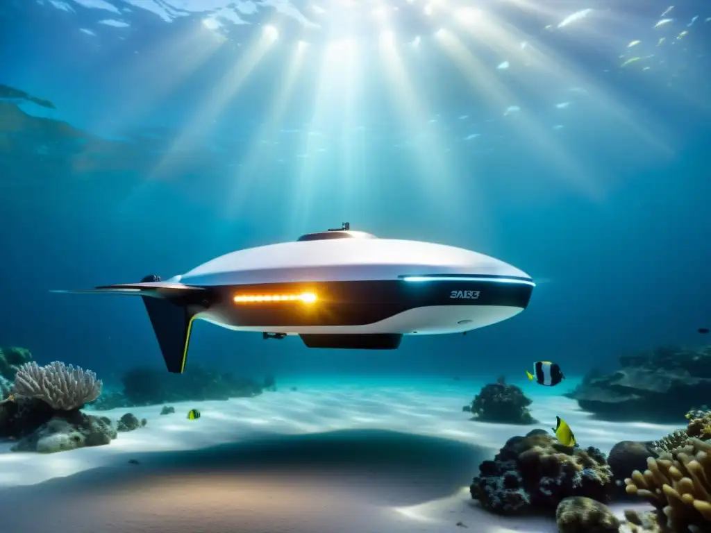 Un dron submarino de alta tecnología con luces LED brillantes, explorando la vida marina y formaciones de coral en la oscuridad