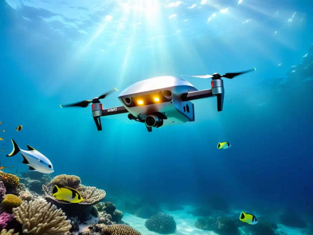 Un dron submarino avanzado navega entre peces tropicales y corales, mostrando avances en autonomía de baterías submarinas