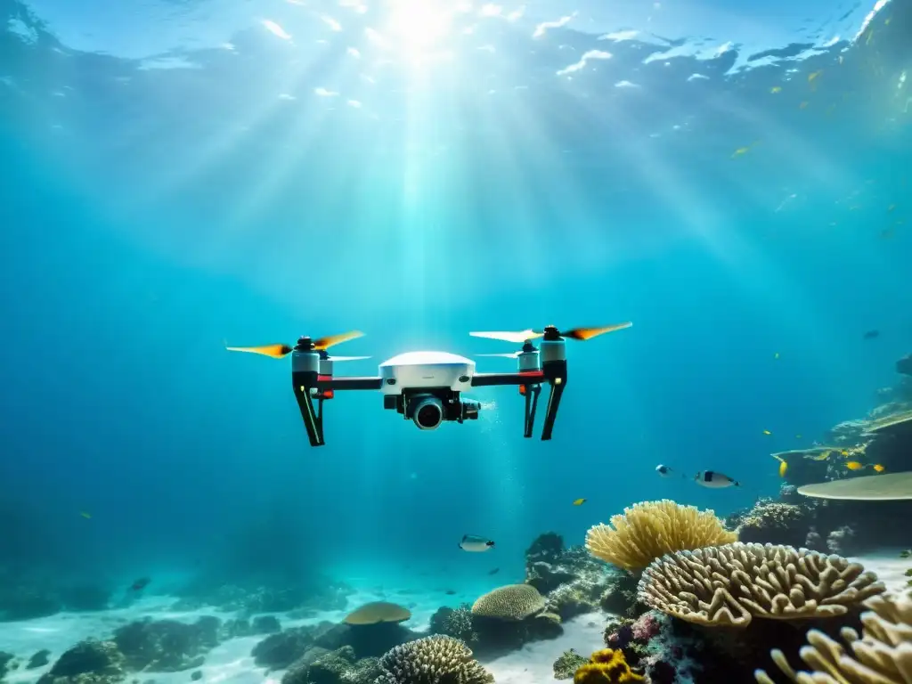 Drone submarino explorando vida marina Dron submarino para investigación oceanográfica, navega en aguas cristalinas entre la vida marina, resaltando la integración de tecnología y naturaleza