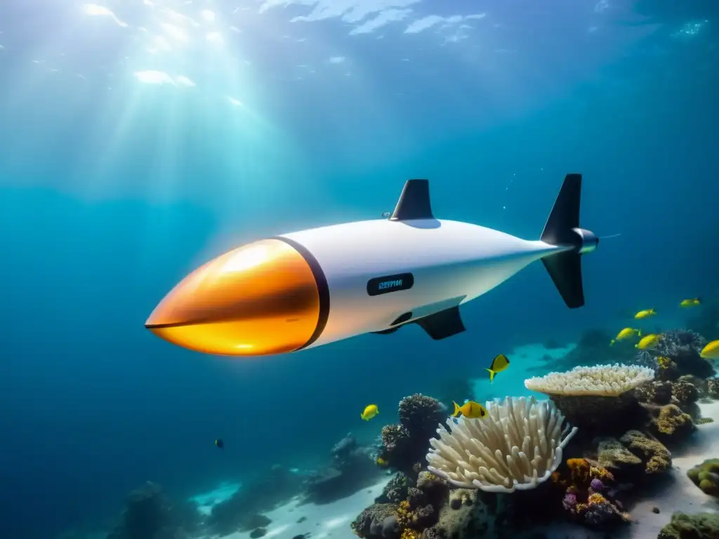 Un drone para exploración marina navega entre la diversa vida submarina, capturando imágenes impresionantes del mundo submarino