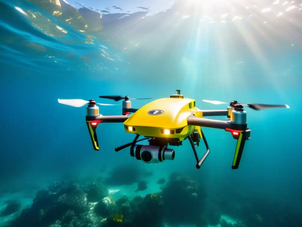 Drone de rescate marino de última tecnología en aguas cristalinas, rodeado de vida marina, mostrando equipos de salvamento marino de alta tecnología