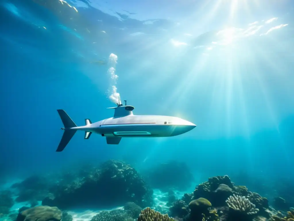 Exploración submarina: drone metálico surcando aguas cristalinas Un drone submarino de alta tecnología se desliza entre vida marina y corales coloridos en aguas cristalinas