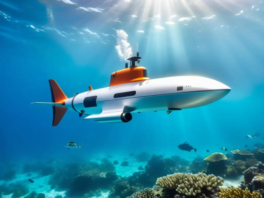 Exploración submarina: drone hightech en aguas cristalinas Un drone submarino para investigación oceanográfica se desliza grácilmente entre la vibrante vida marina y el reflejo del sol en el océano cristalino