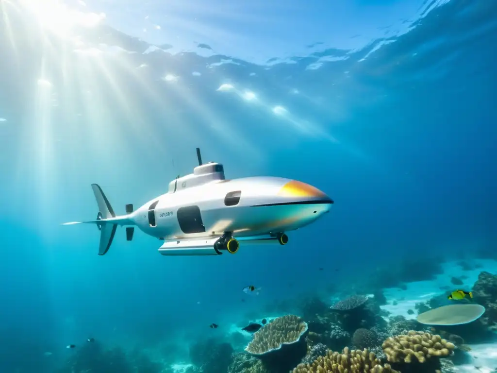 Exploración marina: Drone submarino captura la belleza del océano Un drone submarino plateado surca grácilmente aguas cristalinas rodeado de peces vibrantes