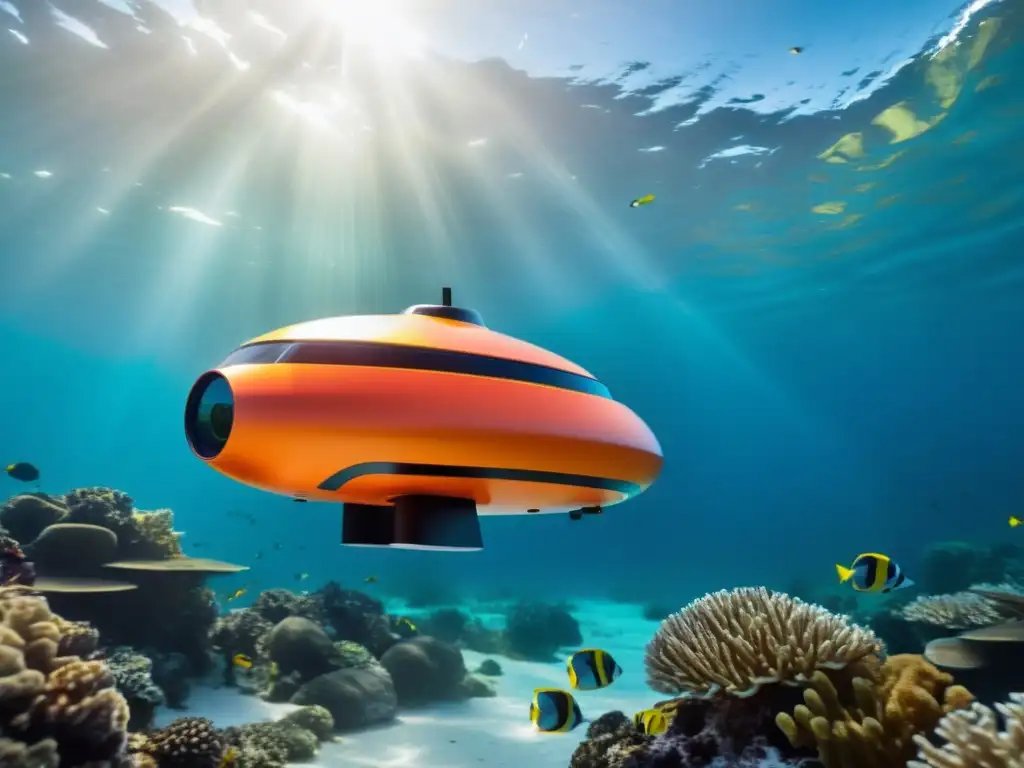 Drone submarino sostenible explorando arrecifes de coral y peces en aguas cristalinas