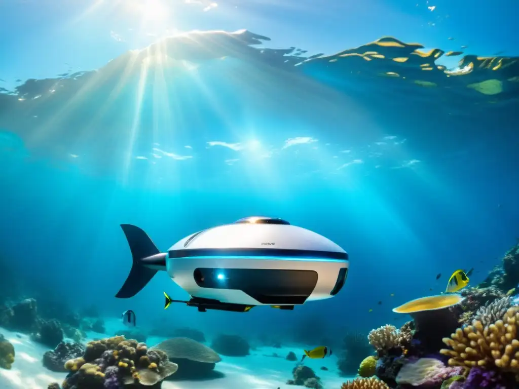 Exploración submarina: Dron futurista y vida marina Drone submarino de tecnología avanzada rodeado de peces tropicales, explorando arrecife de coral