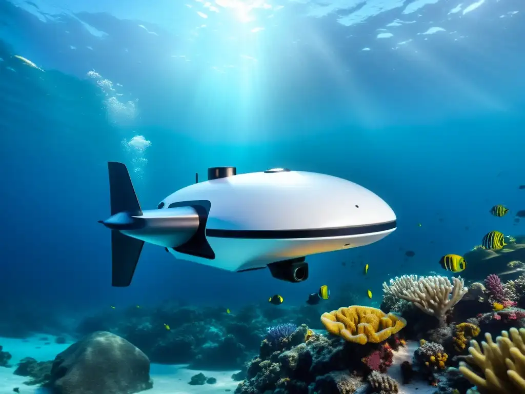 Drone submarino de última generación monitoreando la salud oceánica con tecnología avanzada y vibrante vida marina