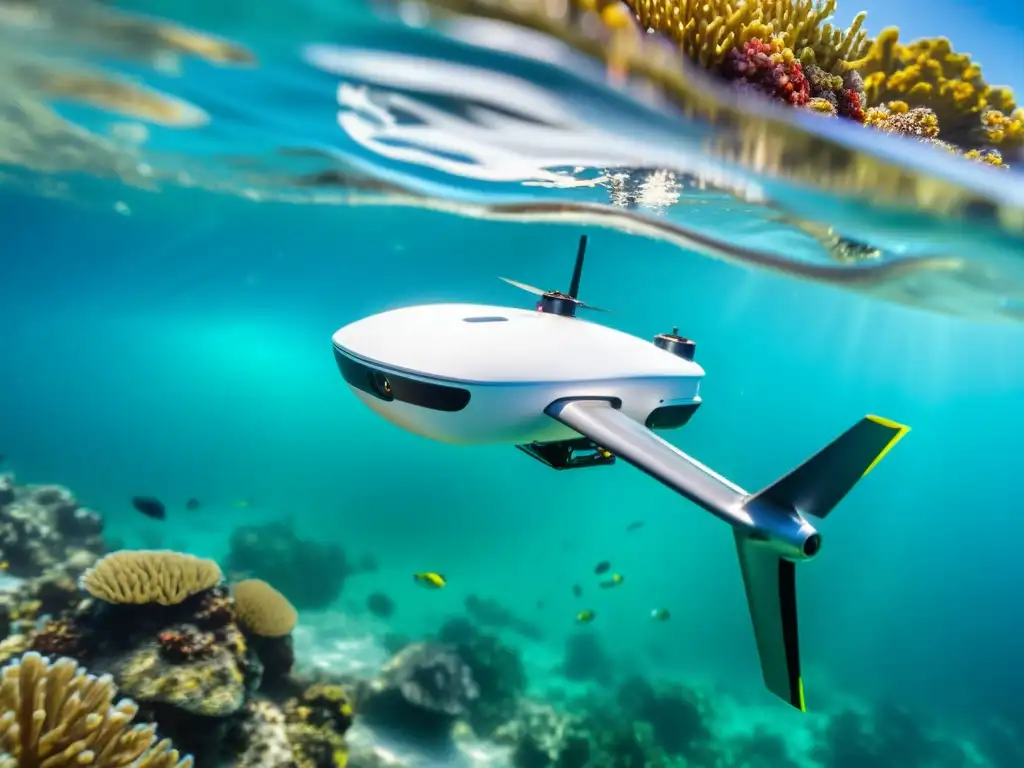 Un drone submarino de última tecnología surca aguas cristalinas, rodeado de vida marina colorida