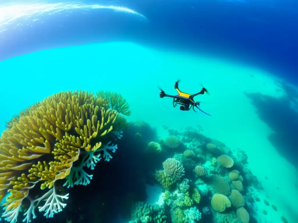 Exploración marina con drones acuáticos: impresionante imagen subacuática de un arrecife de coral vibrante, repleto de vida marina colorida