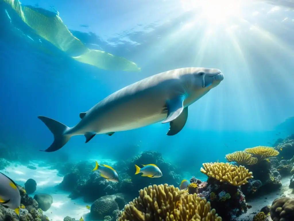 Dugong nadando entre arrecifes de coral, creando una escena marina hipnotizante que refleja la diversidad de sirenios marinos