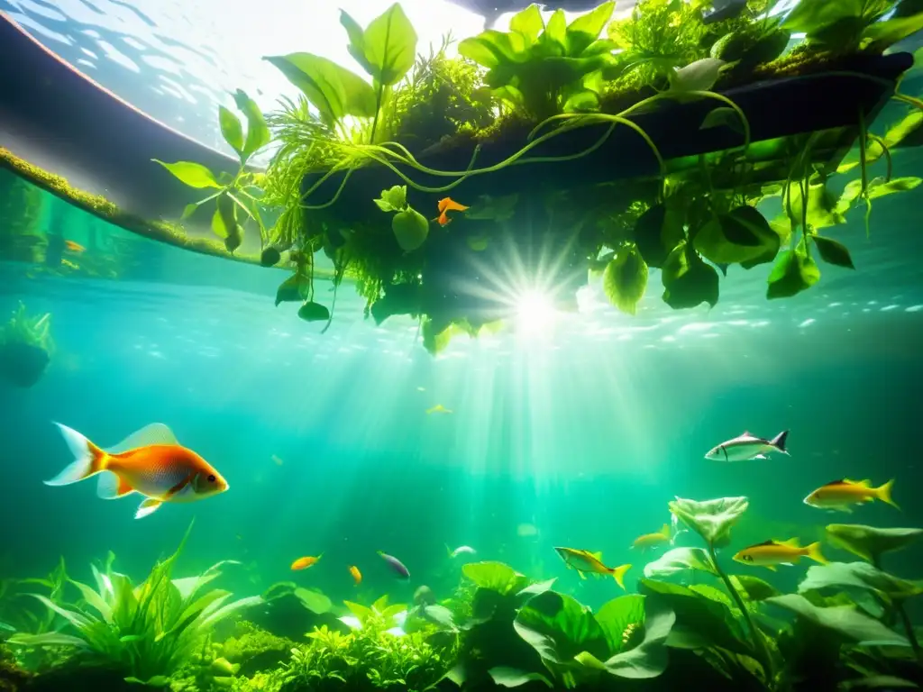 Un ecosistema acuático vibrante, con plantas exuberantes sobre el agua y peces coloridos