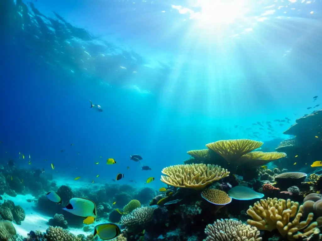 Un ecosistema de arrecife de coral vibrante y diverso, con peces tropicales nadando en aguas cristalinas