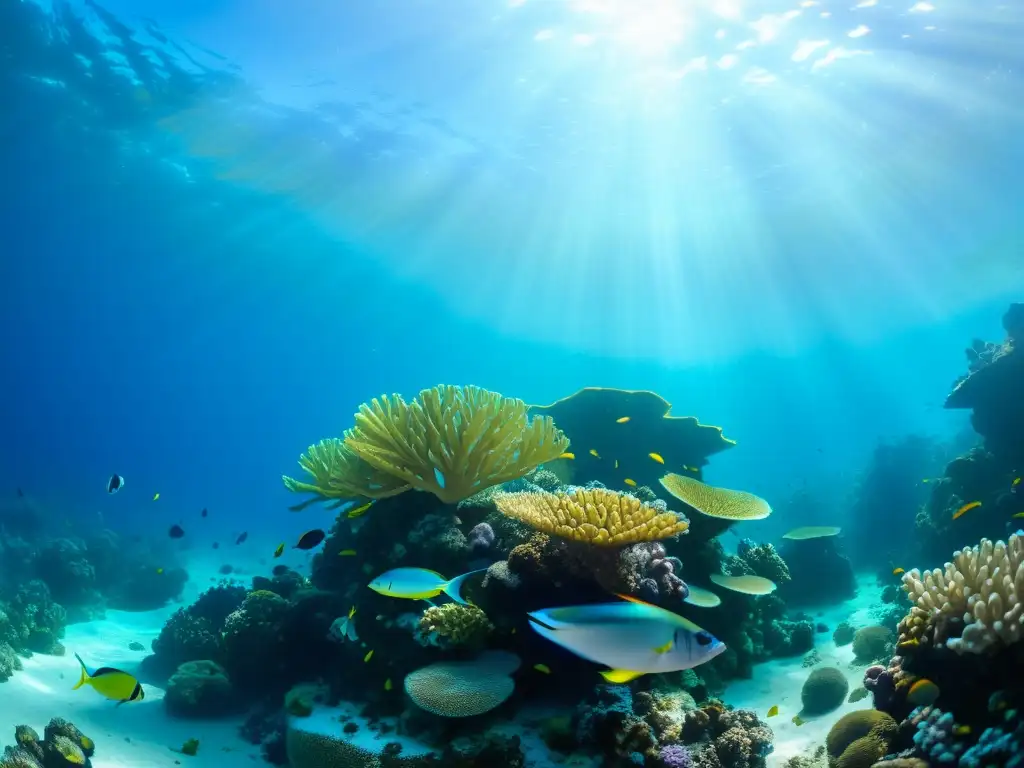 Un ecosistema de arrecife de coral vibrante y diverso, con peces coloridos nadando entre corales