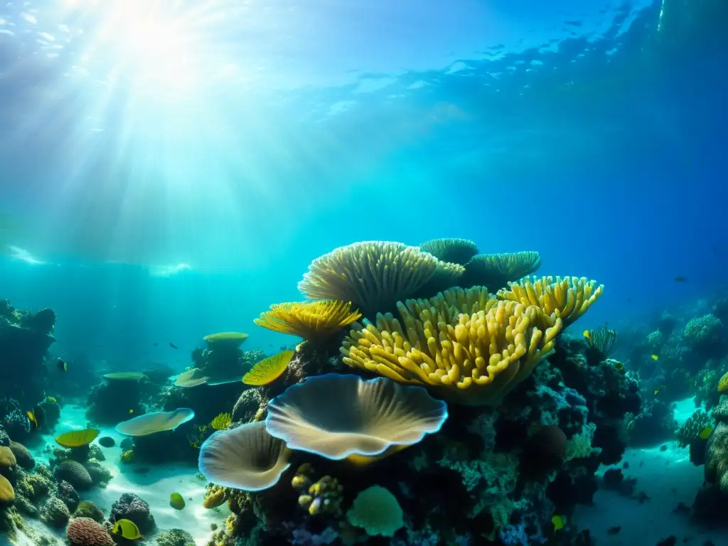 Un ecosistema marino vibrante y diverso, con corales coloridos, anémonas y peces tropicales