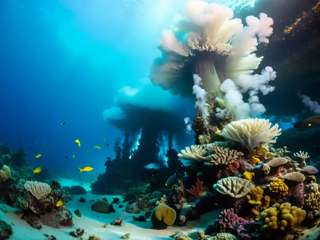 Un ecosistema marino vibrante con fuentes hidrotermales en océano cambiante, donde la vida prospera en un ambiente único y fascinante