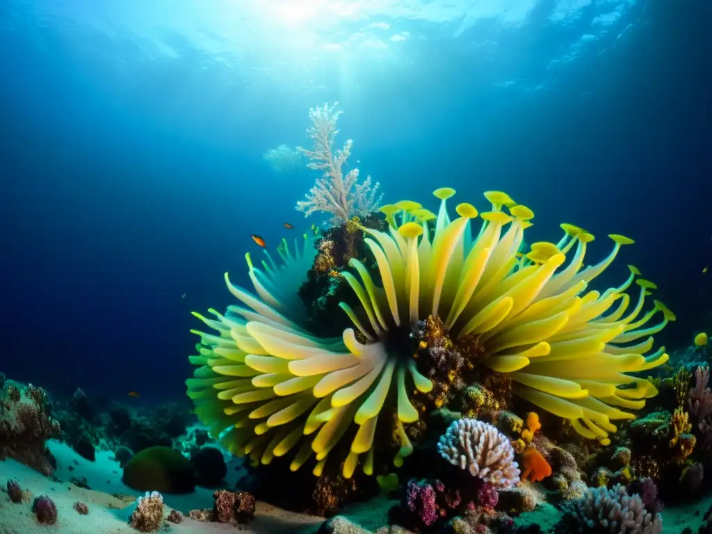 Un ecosistema marino vibrante y misterioso en una zona de ventilación hidrotermal, ilustrando la diversidad en la exploración oceánica