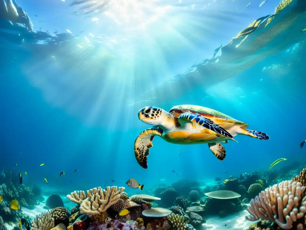 Un ecosistema vibrante de arrecifes de coral, con peces coloridos y tortugas marinas, iluminados por la luz solar en el océano