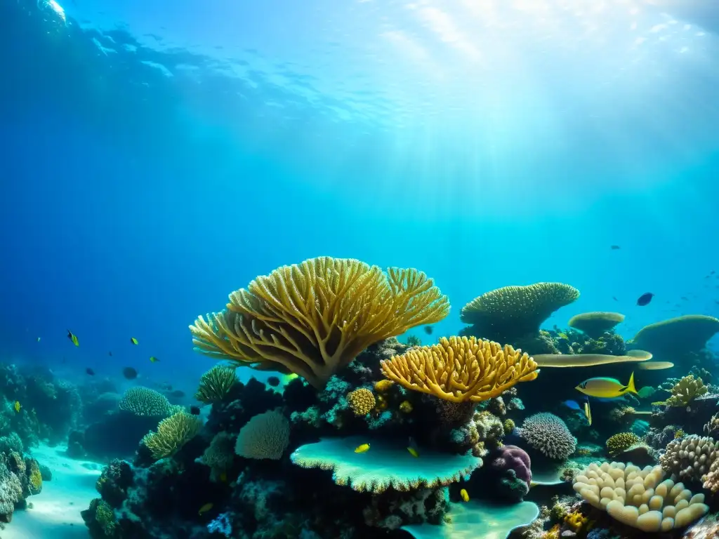 Un ecosistema vibrante de corales marinos en un arrecife, mostrando la diversidad y belleza del cuidado de corales en acuario marino