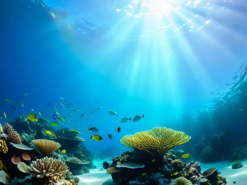 Edición fotografías submarinas técnicas: Impresionante arrecife de coral con peces coloridos y vida marina, bañado por la luz solar en el agua azul