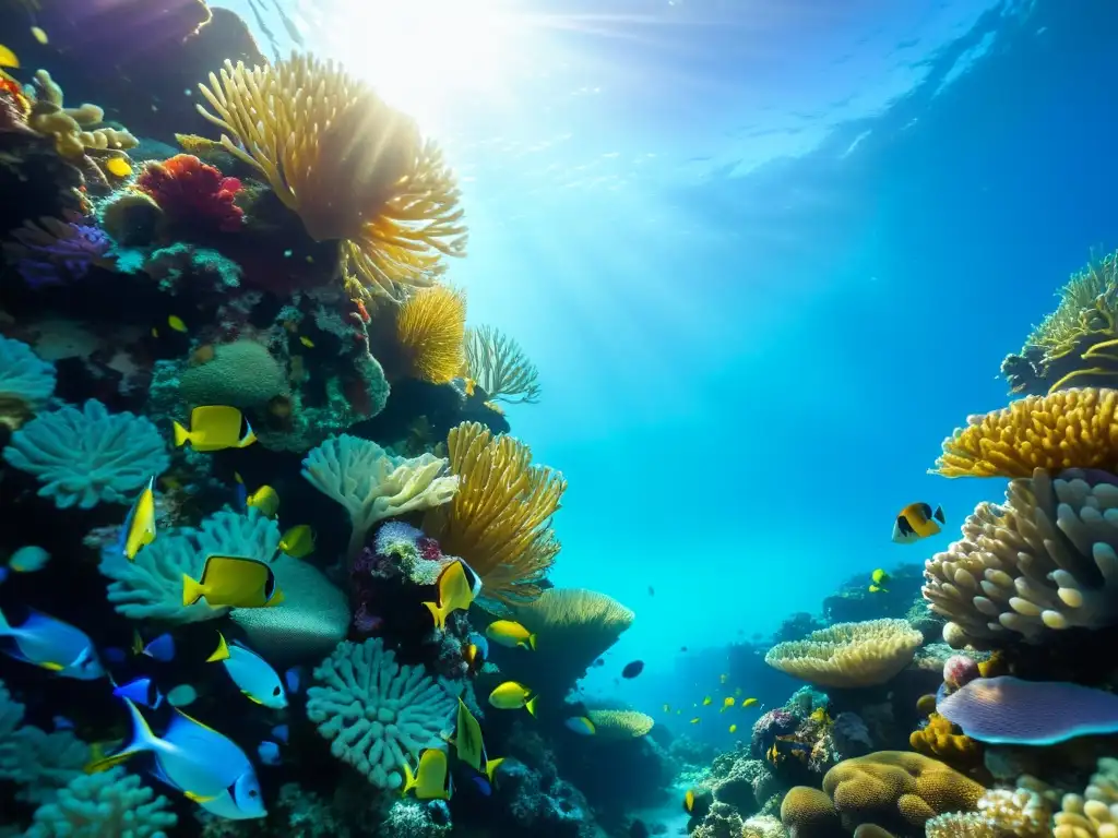 Edición de fotos submarinas vida marina: Hermoso arrecife de coral repleto de vida marina en aguas cristalinas, con peces coloridos y plantas marinas